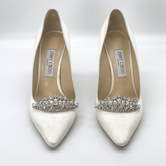 Jimmy Choo Women's White Romy 85 Ivory Satin Pointy Toe Pumps With Crystal Tiara - Picture 1 of 11